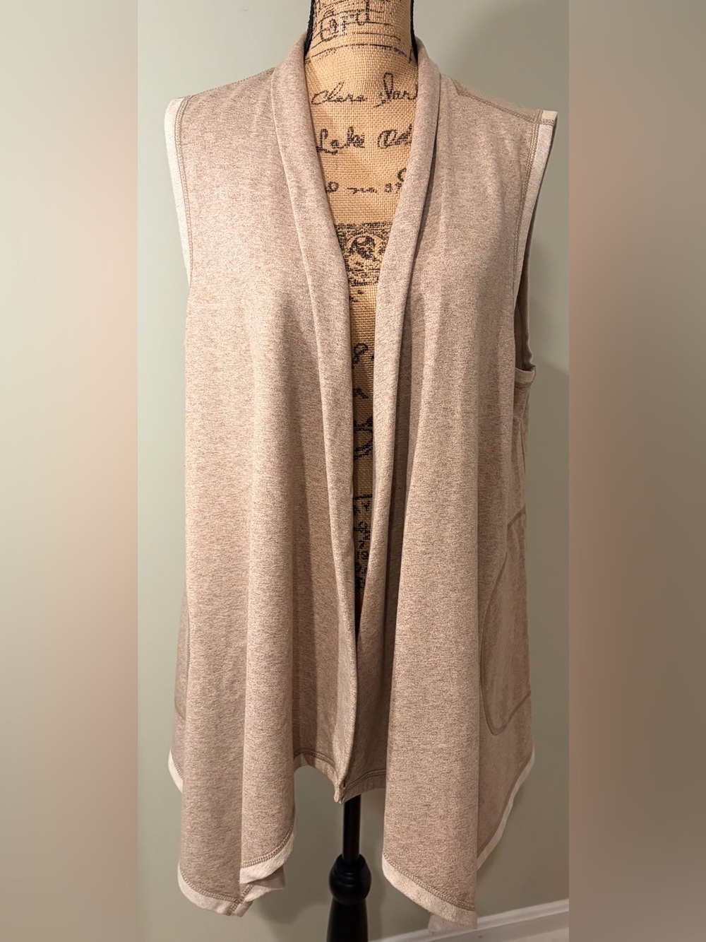 Ruby Rd. Draped Open Front Cardigan Vest, Beige Tan Heather, Large